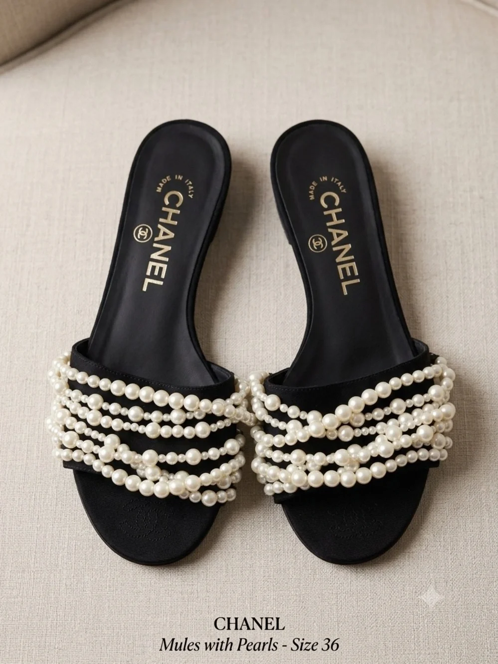 Authentic Chanel Interlocking CC Pearl Strand Slides